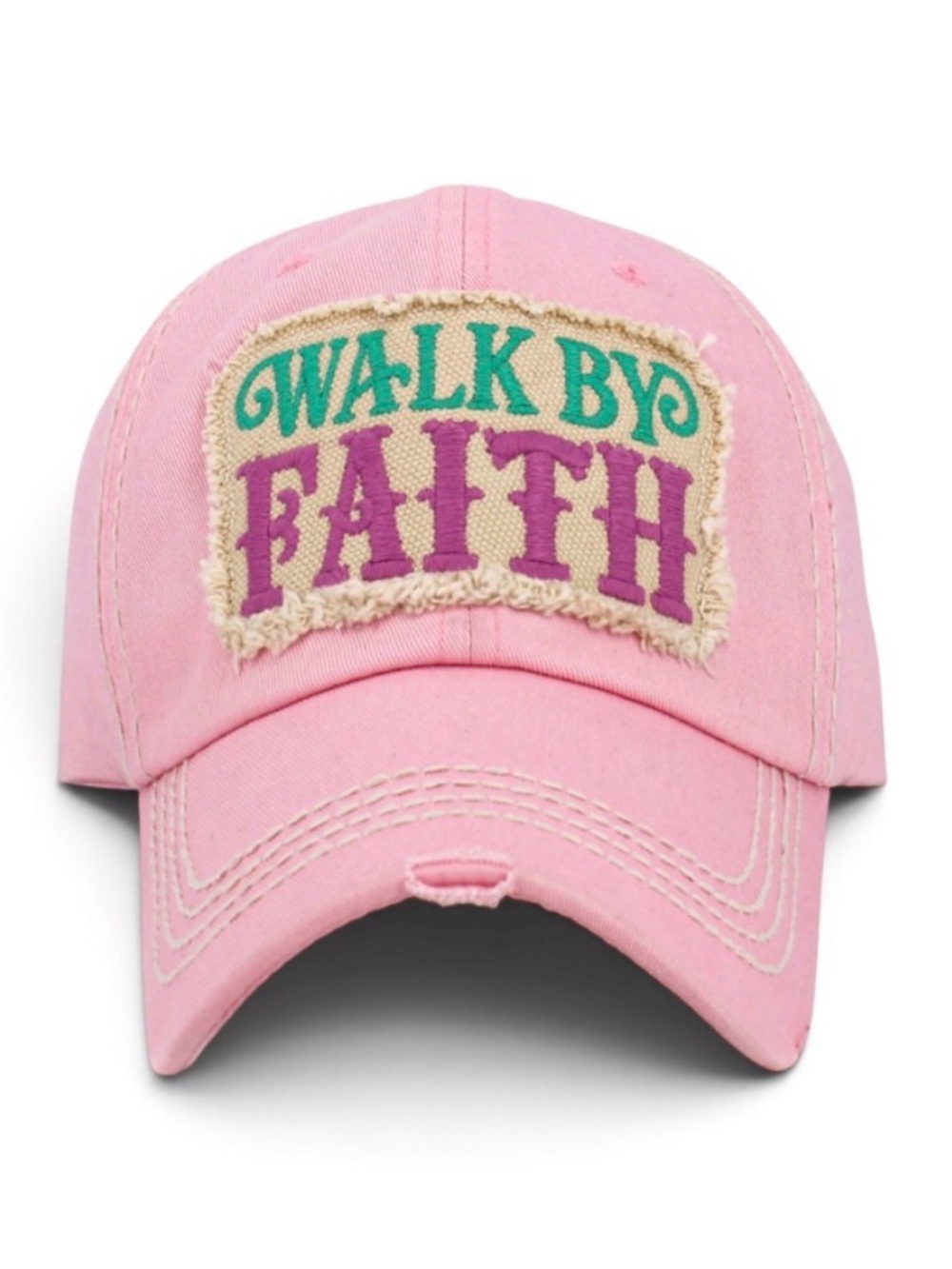 Walk By Faith Pink Distressed Baseball Cap